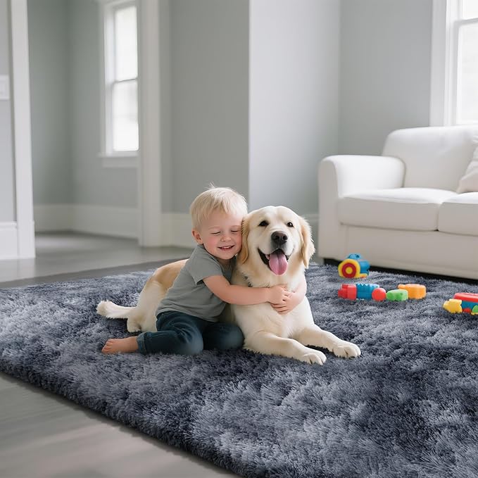 Fluffy Rug Shaggy Area Rug, Mottling Dark Grey 9x12 Area Rugs for Living Room, Large Shag Area Rugs for Bedroom Kids Room Home Decor, Upgrade Anti-Skid Rectangular Fuzzy Rugs