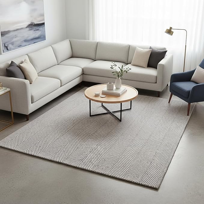 Modern Herringbone Chevron Collection Handcrafted Wool Area Rug - Durable, Zigzag Pattern, for High Traffic, Contemporary Design for Living Room, Bedroom, Dining Room Decor (Smoke Grey, 10' x 10')