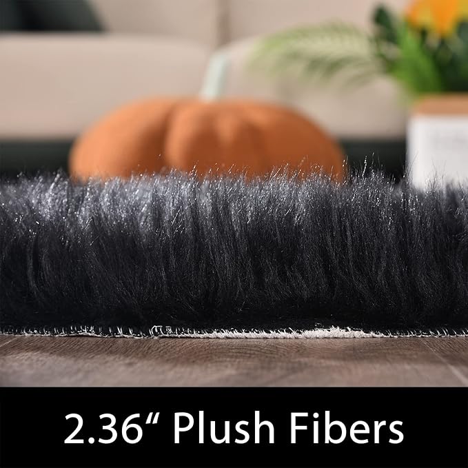 Latepis Black Rug for Living Room Faux Fur 5x6.7 Fluffy Rug Washable Sheepskin Rugs for Bedroom Bedside Dorm Luxury Home Décor, Rectangle