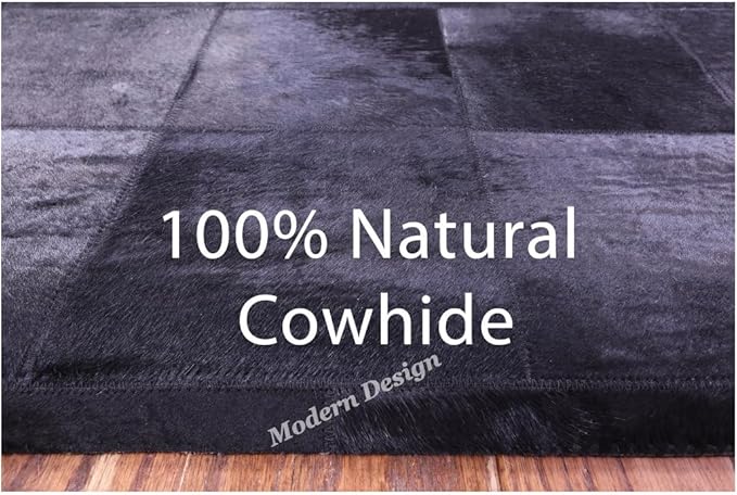Modern Design Premium Cowhide Leather Carpet with Chevron Pattern, Area Rug (Black, 9x15)