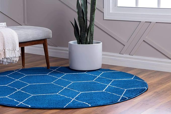 Unique Loom Trellis Frieze Collection Area Rug - Geometric (7' Round, Navy Blue/ Ivory)