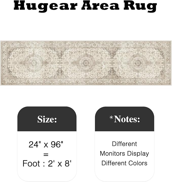 HUGEAR 2x8 Runner Rug Hallway Vintage Brown Machine Washable Neutral Floral Low Pile Carpet Vacuumable Thin Long Throw Rug Bedroom Office Bathroom Kitchen Laundry Non Slip Soft Lightweight