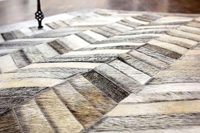 Chevron Pattern Faux Cowhide Area Rug | Non-Slip Leather Carpet for Living Room, Bedroom, and Office | Modern Designer Rug for Home Décor(9x12 ft_Grey)