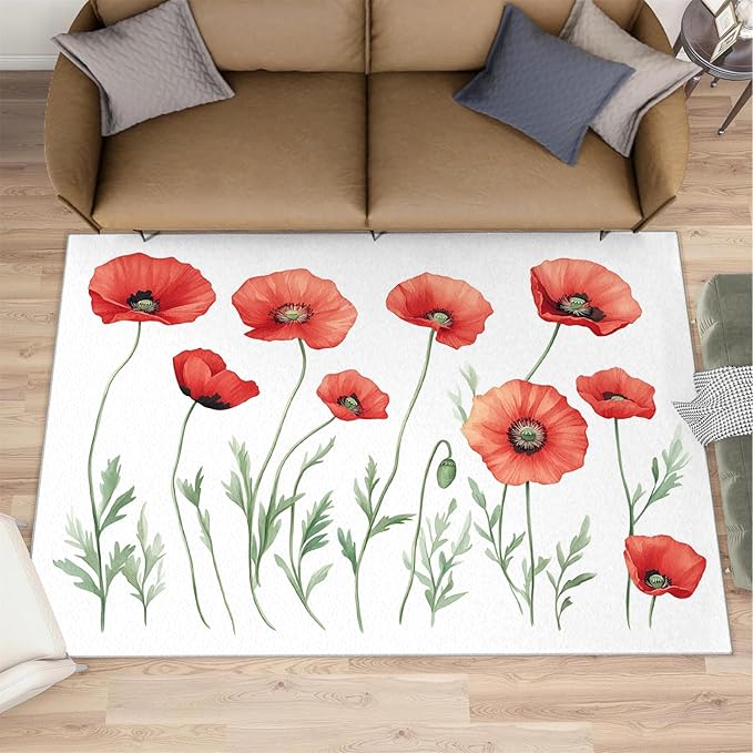 Little Red Flower Rugs for Bedroom - 4x6 Area Rug - Abstract 3D Flowers Rugs for Living Room, Modern Simple Art Rug, Non-Slip Washable Home Decor Carpet
