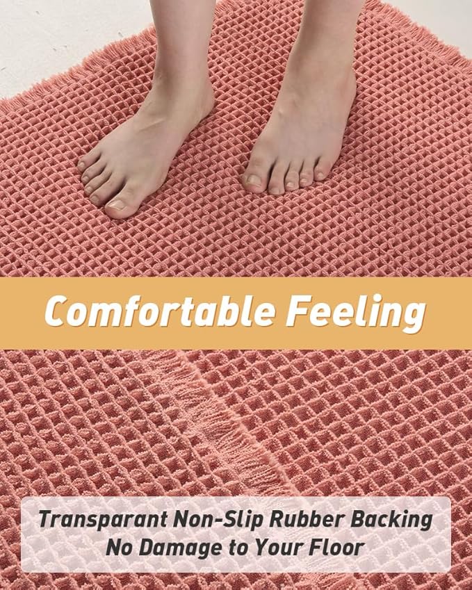 AMOAMI Upgraded Waffle Bath Mat, Super Absorbent Non Slip Bath Mats for Bathroom Floor, Machine Washable Bathroom Rugs with Tassels, Rubber Backed Bathroom Mats, Ultra Soft, 24" x 36", Coral
