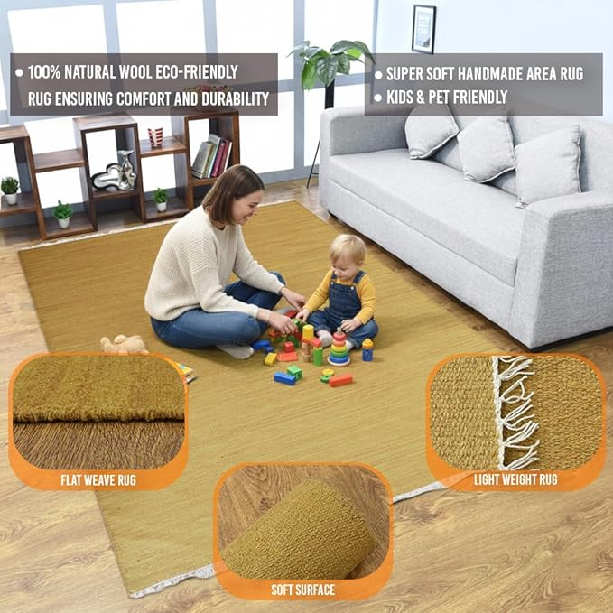Rugsotic Carpets Hand Woven Flat Weave Kilim Wool ECO-Friendly Area Rugs - 9'x12', Rectangle Shape, Gold Color, Solid Plain Design, Low Pile Handmade Area Rugs for Living Room, Bed Room (D00111)