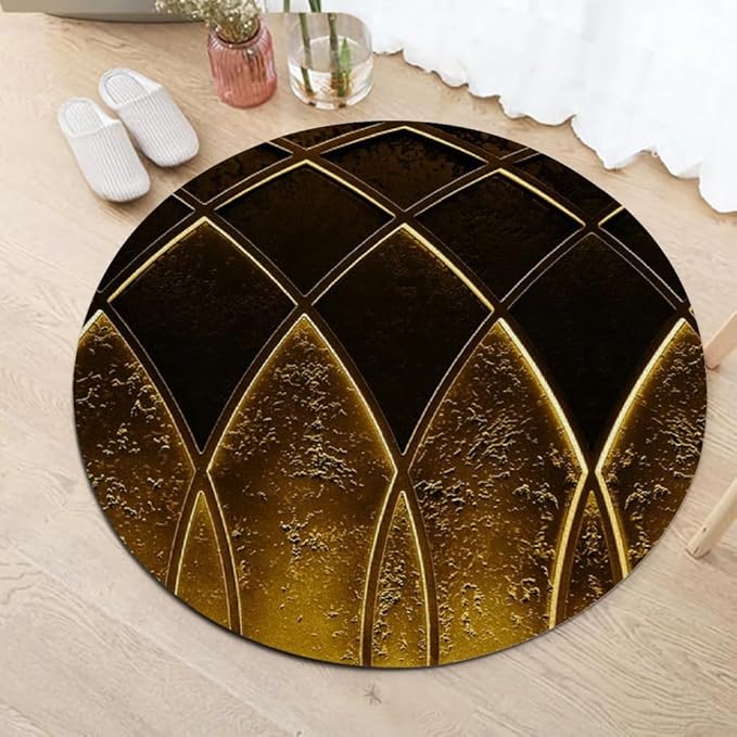 Luxury Black Gold Round Rug Vintage Golden Texture Living Room Circle Area Rugs 7ft Washable Soft Non Slip Low Pile Indoor Floor Carpet for Bedroom Office Kitchen Coffee Table