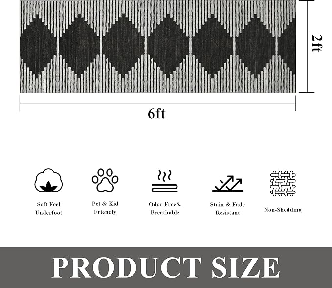 HelloTree Hallway Runner Rug，2x6 Moroccan Modern Stripe Carpet Washable Machine Bathroom Runner Bohemian Design Modern Soft Non Slip Indoor Rug for Entryway Hallway Laundry Room Bedroom-Black