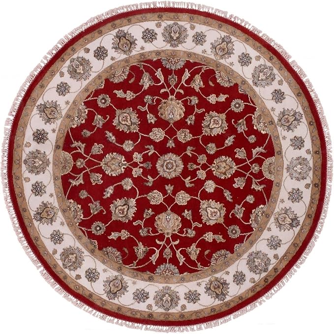 Exotic Red Hand Knotted All Over Leaf Pattern Wool and Silk Rajasthan Design Round Rug (6'x6')