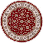 Exotic Red Hand Knotted All Over Leaf Pattern Wool and Silk Rajasthan Design Round Rug (6'x6')