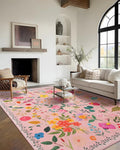 Area Rug 9x12, Washable Large Rugs for Living Room, Non Slip 0.27" Low Pile Vintage Floral Large Carpet for Bedroom, Dining Room, Kids Playroom (Pink)