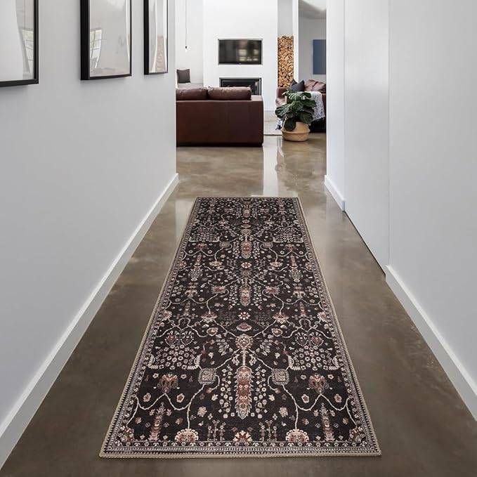 GLN Rugs Traditional Collection - Machine Washable Area Rug, Traditional Washable, Non Slip, Low Pile Chenille Rug, Living Room, Bedroom, Kitchen Rug (2'6" x 7' Black)