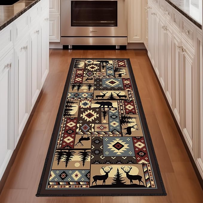 Rustic Cabin Wildlife Long Runner Rug 2x6 Throw Rug,Buffalo Plaid Bear Moose Deer Country,Vintage Area Rug Washable Hallway Rugs Non-Slip Floor Carpet Runner for Bedroom Laundry Room Entrance Door Mat