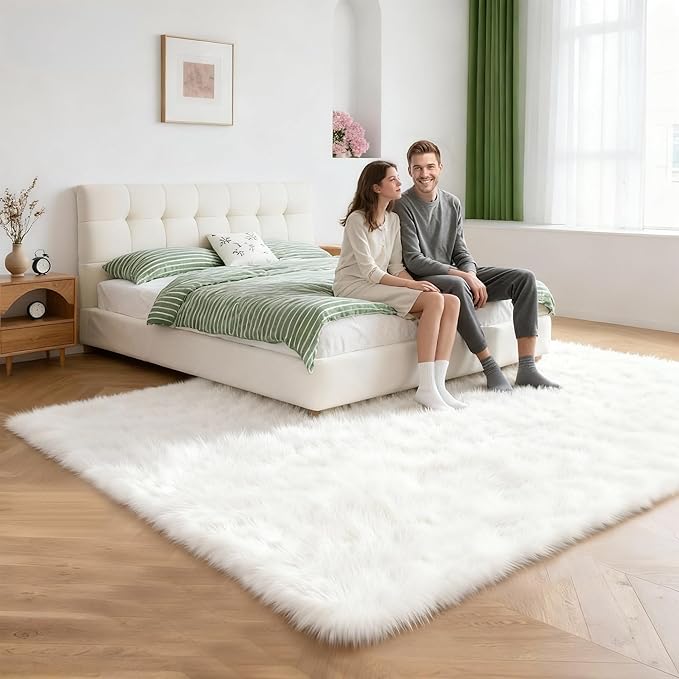 6x9 Solid Fluffy White Area Rug – Washable, Durable, Large Bedroom Rug, Non-Slip High Pile Shag Rugs for Living Room, Sofa Coffee Table, Nursery Rooms, Kids Room, Soft Indoor Floor Carpet