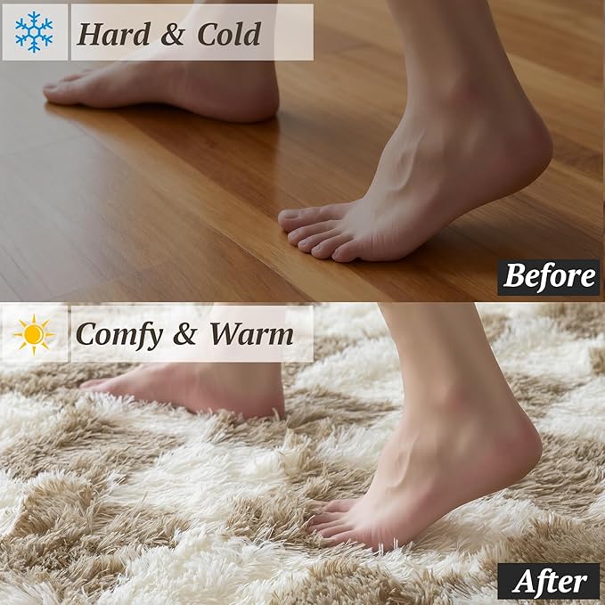4x6 Area Rugs for Living Room Bedroom, Soft Fluffy Shaggy Bedside Rug, Indoor Floor Carpet for Kids Playroom, Dorms, Nursery Rooms, Home Decor (Camel & White 4'x6')