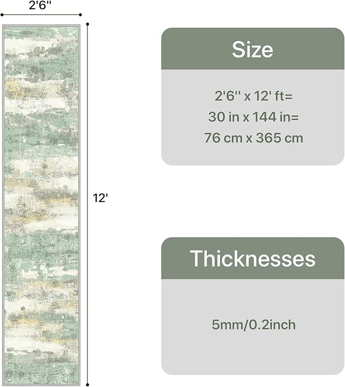 GENIMO Runner Rug Non Slip 2'6"x12', Washable Rug Runner for Hallways Kitchen, Abstract Modern Kitchen Rugs, Low Pile Lightweight Carpet Runners for Entryway, Bedroom, Laundry, Light Green