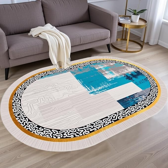 Vintage Luxury Grey Blue Gold Abstract Geometric Texture Oval Area Rug 6x8 for Living Room Bedroom Dining Room Minimalist Bordered Large Rugs Nursery Dorm Kitchen Entryway Soft Non Skid Floor Carpet