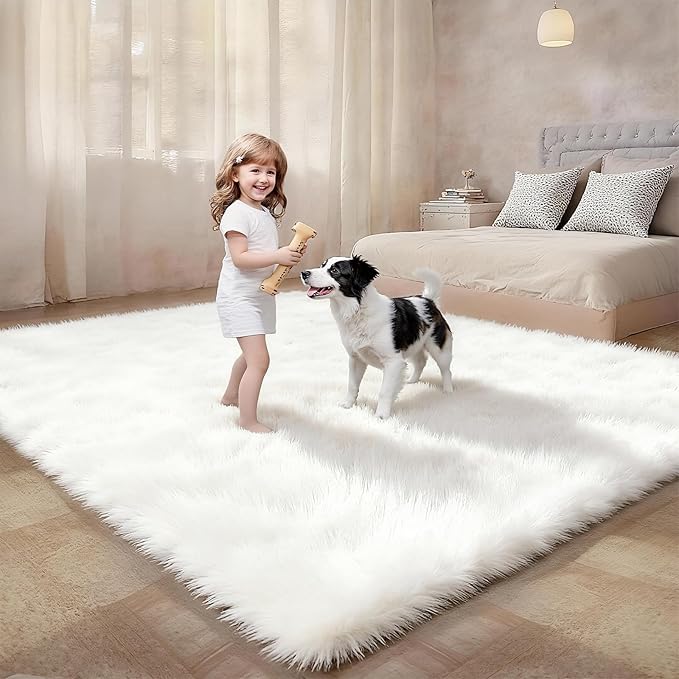 5x7 Solid Fluffy White Area Rug – Washable, Durable,Large Living Room Rug, Non-Slip High Pile Shag Rugs for Bedroom, Bedside, Dorms, Nursery Rooms, Kids Room, Soft Indoor Floor Carpet Decor