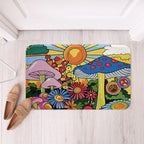 Kawaii Mushroom Bathroom Rugs Boho Sun Bath Mat Hippie Groovy Floral Non Slip Bath Rugs 60s 70s Retro Vintage Theme Fluffy Plush Rugs 16x24 Chic Daisy Flower Shower Carpet Geometric Striped Decor