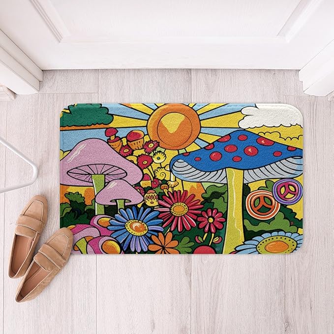 Erosebridal Kawaii Mushroom Bathroom Rugs Boho Sun Mats Hippie Groovy Floral Ultra Soft Bathtub Rugs 20x32 60s 70s Retro Vintage Theme Room Decor Chic Daisy Flower Bath Mat Geometric Striped Decor