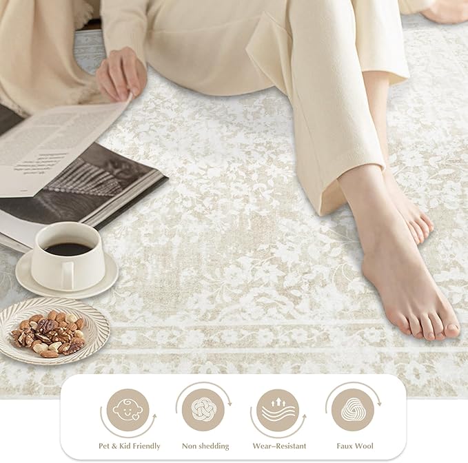 Runner Rug 2x6 Entryway Rug - Machine Washable Vintage Boho Area Rug Non-Slip Kitchen Runner Soft Stain Resistant Floral Runners for Hallways Entryway Laundry Bathroom Bedroom(Cream Beige, 2'x6')