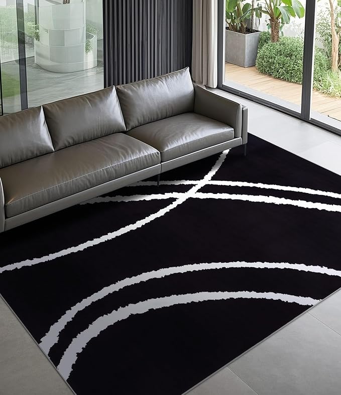 YIHOUSE Black Modern Area Rug 5x7,Abstract Rugs for Bedroom,Minimalist Striped Rug,Black and White Geometric Rug,Dark Washable Area Rugs 5x7 Non Slip Throw Rugs for Bedroom，Office