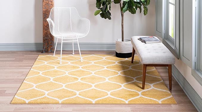 Rugs.com Lattice Frieze Collection Rug – 5' Square Yellow Medium Rug Perfect for Living Rooms, Kitchens, Entryways