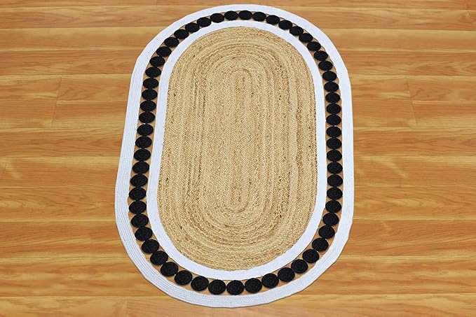 Flatweave Runner 2x10 Oval Kilim Jute Runner Hand Braided Jute Thick 0.27" Solid Pattern Black Beige Natural Oval Handmade Boho Indoor Outdoor Rugs for Kitchen Hallway Enterway