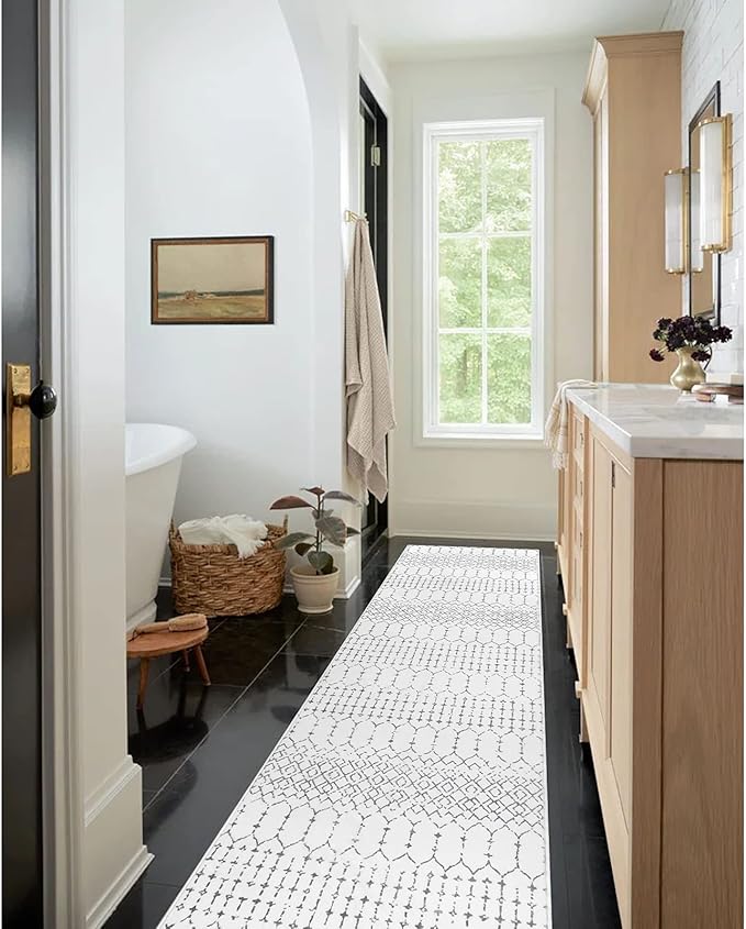 Lahome Moroccan Kitchen Runner Rug - 2x8 Non-Slip Washable Hallway Rug Runner Ultra-Thin Soft Throw Bathroom White Print Distressed Carpet for Entryway Laundry Room Living Room