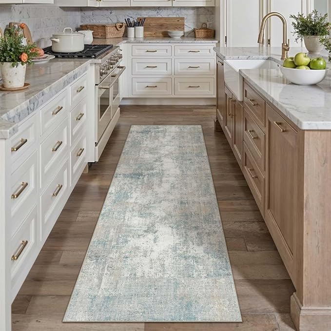 3x7 Washable Runner Rug Blue Cream Abstract Hallway Kitchen Throw Rug Neutral Modern Non Slip Soft Low Pile Lightweight Carpet for Bathroom Laundry Bedroom Living Room