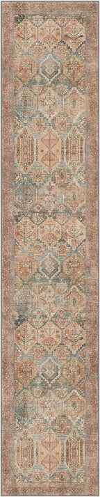 Bavni Runner Rug 2x10 Kitchen Rug for Hallways Entryway, Washable Rug Vintage Print Carpet, Ultra-Thin Chenille Low Pile Lightweight Rug with Non Slip Backing, Clay