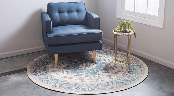 Unique Loom Salzburg Collection Classic Traditional Design Oriental Inspired Border Area Rug (4' 0 x 4' 0 Round, Beige/Blue)