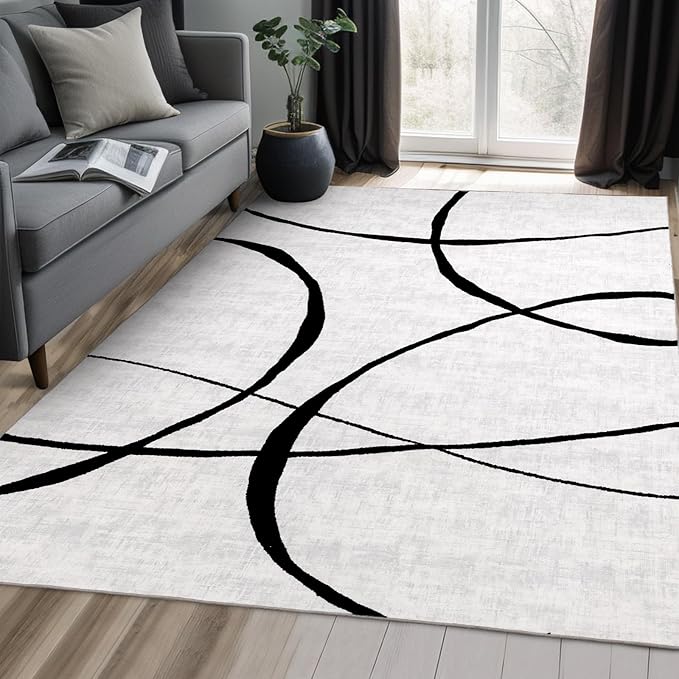 YIHOUSE Modern Washable 8'x10' Area Rug for Living Room Bedroom - Large Abstract Black and White Rug Non-Slip Ultra-Thin Home Decor,Curve,8x10ft