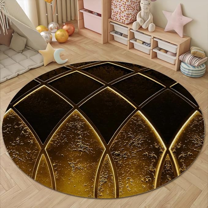 Luxury Black Gold Round Rug Vintage Golden Texture Living Room Circle Area Rugs 6ft Washable Soft Non Slip Low Pile Indoor Floor Carpet for Bedroom Office Kitchen Coffee Table