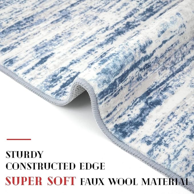 Modern Abstract Entryway Rug Indoor 2x3 Washable Rug Non-Slip Soft Small Area Rug Blue White Kitchen Mats Thin Print Faux Wool Floor Carpet Throw Rugs for Entrance Bedroom Office Home Decor