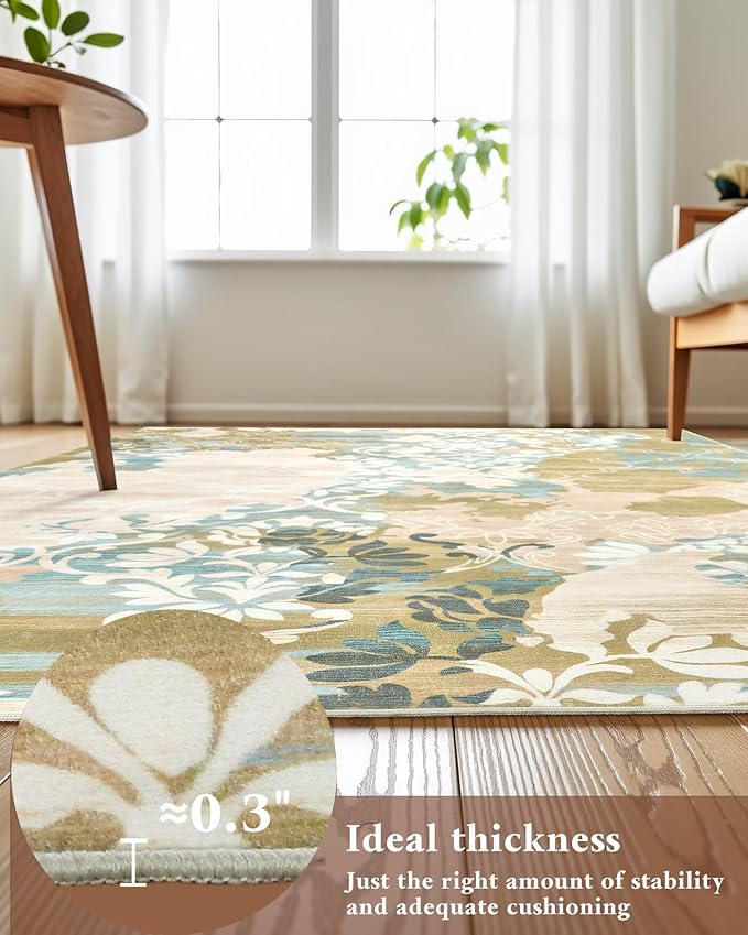 Washable Abstract Rug, 5x7 Willow Green and Blue Floral Area Rugs with Non-Slip Rubber Backed for Bedroom, Low Pile Modern Throw Carpet Kitchen Living Room Decor