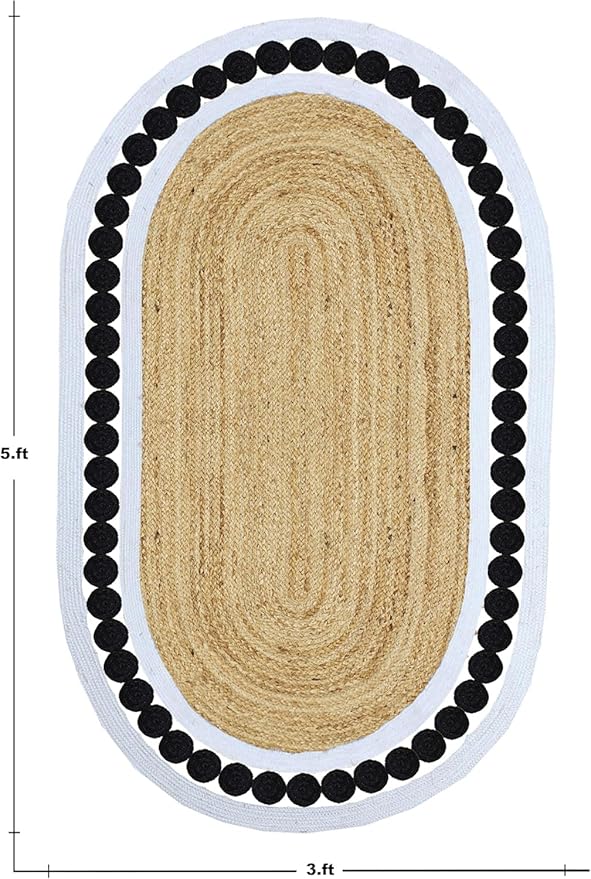 Flatweave Runner 3x10 Oval Kilim Jute Runner Hand Braided Jute Thick 0.27" Solid Pattern Black Beige Natural Oval Handmade Boho Indoor Outdoor Rugs for Hallway Enterway Stair Corridor