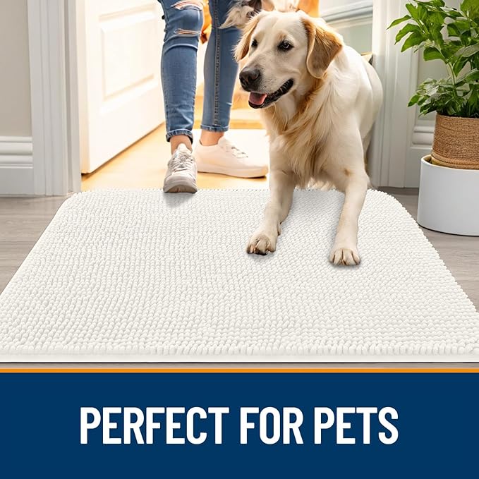 OLANLY Dog Door Mat for Muddy Paws 40x24, Absorbs Moisture and Dirt, Absorbent Non-Slip Washable Doormat, Quick Dry Chenille Mud Mat for Dogs, Entry Indoor Entryway Carpet for Inside Floor, Ivory