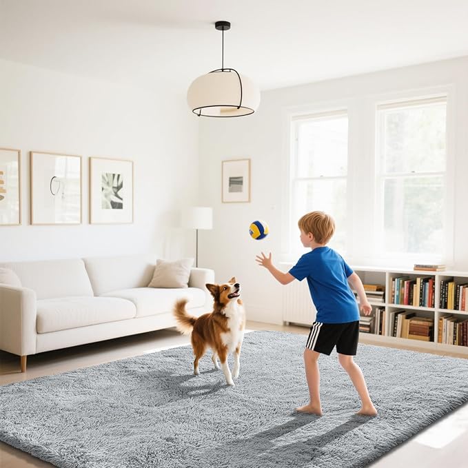 Fluffy Rug Shaggy Area Rug, Grey 8x10 Area Rugs for Living Room, Large Shag Area Rugs for Bedroom Kids Room Home Decor, Upgrade Anti-Skid Rectangular Fuzzy Rugs