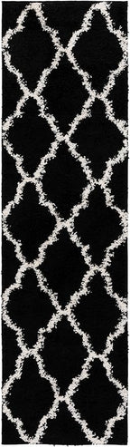 SAFAVIEH Dallas Shag Collection Runner Rug - 2'3" x 8', Black & Ivory, Trellis Design, Non-Shedding & Easy Care, 1.5-inch Thick Ideal for High Traffic Areas in Living Room, Bedroom (SGD257Z)
