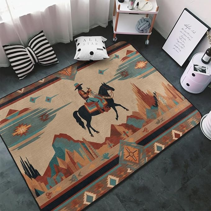 Horse Western Boho Ethnic Style Area Rug Washable Outdoor Rugs Anti-Slip Soft Carpet Entryway Indoor Door Mat for Bedroom,Living Room,Porch,Terrace and Entrance Decor 6'x 4'