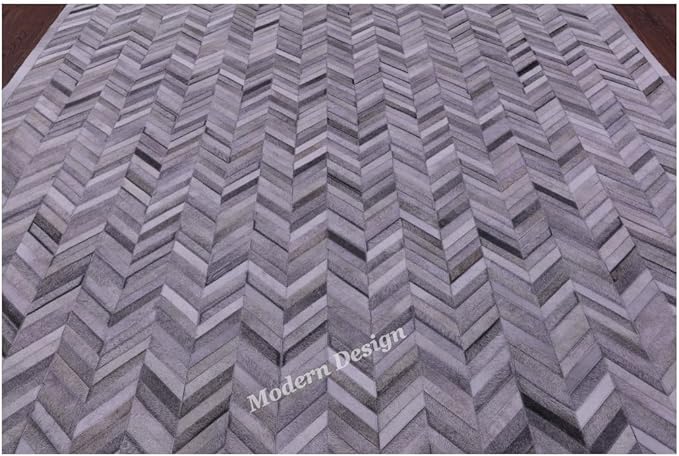 Modern Design Premium Cowhide Leather Carpet with Chevron Pattern, Area Rug (Natural Multi Grey, 8x10)