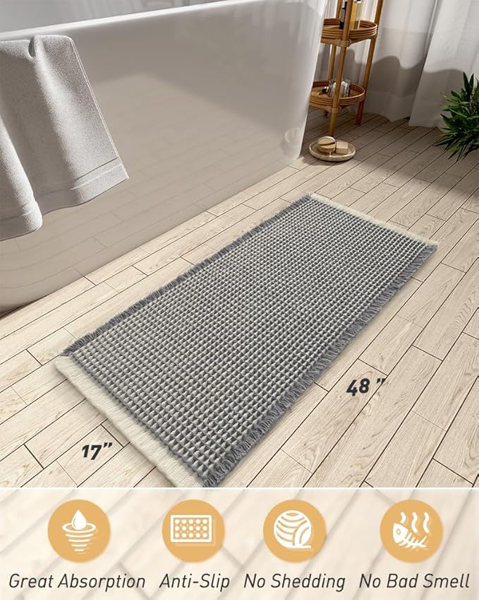 Upgraded Waffle Runner Rug Super Absorbent Non Slip Bath Mats for Bathroom Machine Washable Bathroom Runner Rug with Tassels, Ideal for Hallway Bedroom Laundry Room, 17" x 48", DarkGrey & Cream