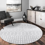 Lahome Moroccan 5Ft Round Rug Machine Washable Round Bedroom Carpet Grey Non-Slip Throw Circle Rugs for Living Room Low-Pile Large Round Rug, Modern Geometric Print Carpet for Office Dining Room
