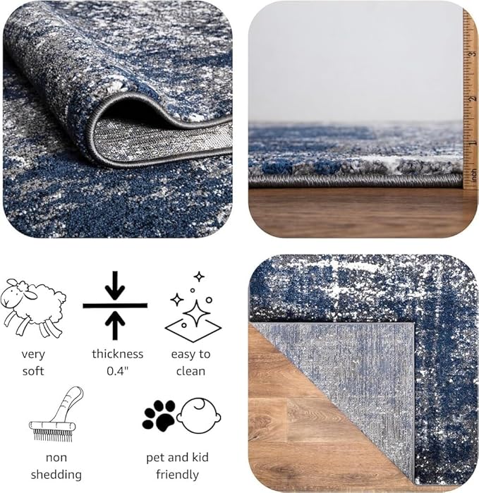 Keen Home Design Area Rugs - 8x10 Non-Shedding, Abstract Rugs for Kitchen, Living Room, Bedroom, Dining Room, Entryway - Size: 7'3" x 10'2", Navy/Grey/White