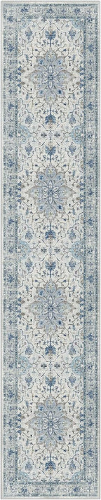 Area Rugs 2'6''x10' Washable Non-Slip, Floral Vintage Distress Print Pattern Medallion Carpet for Living Room Bedroom Dining Room, Light Blue Navy Beige Gray White