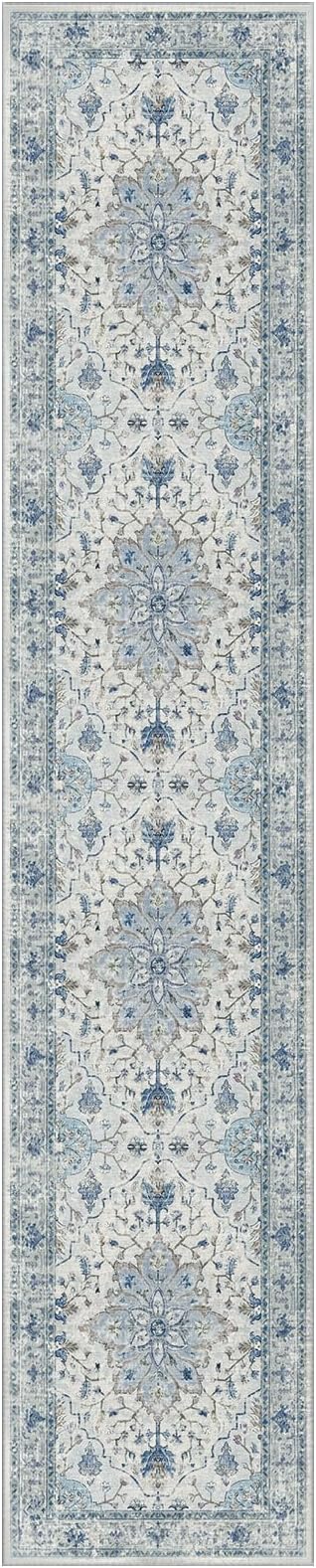 Area Rugs 2'6''x10' Washable Non-Slip, Floral Vintage Distress Print Pattern Medallion Carpet for Living Room Bedroom Dining Room, Light Blue Navy Beige Gray White