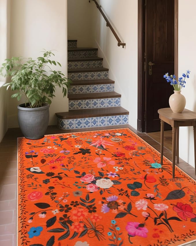 Area Rug 8x10, Washable Large Rugs for Living Room, Non Slip 0.27″ Low Pile Vintage Floral Large Carpet for Bedroom, Living Room, Dining Room, Kids Playroom (Orange)