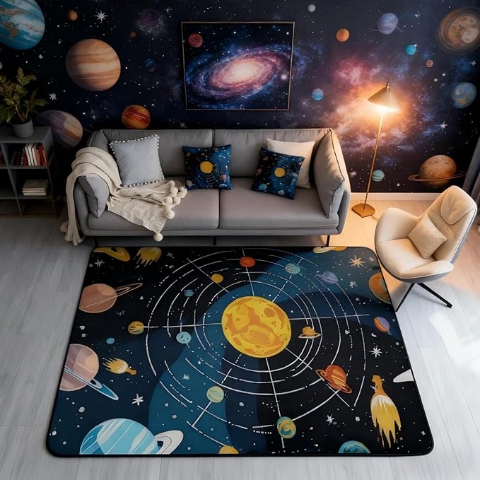 Outer Space Large Area Rug 5x7 Universe Solar System Living Room Rug | Cosmic Planet Rugs for Bedroom, Educational Learning Galaxy Carpet Indoor Floor Mat