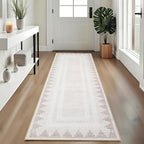 Bordered Washable Non Slip Runner Rug 2x6 for Hallway Kitchen Modern Fodable Stain Resistant Soft Bedroom Living Room Rugs Geometric Non-Shedding Low Pile Long Carpet, Beige